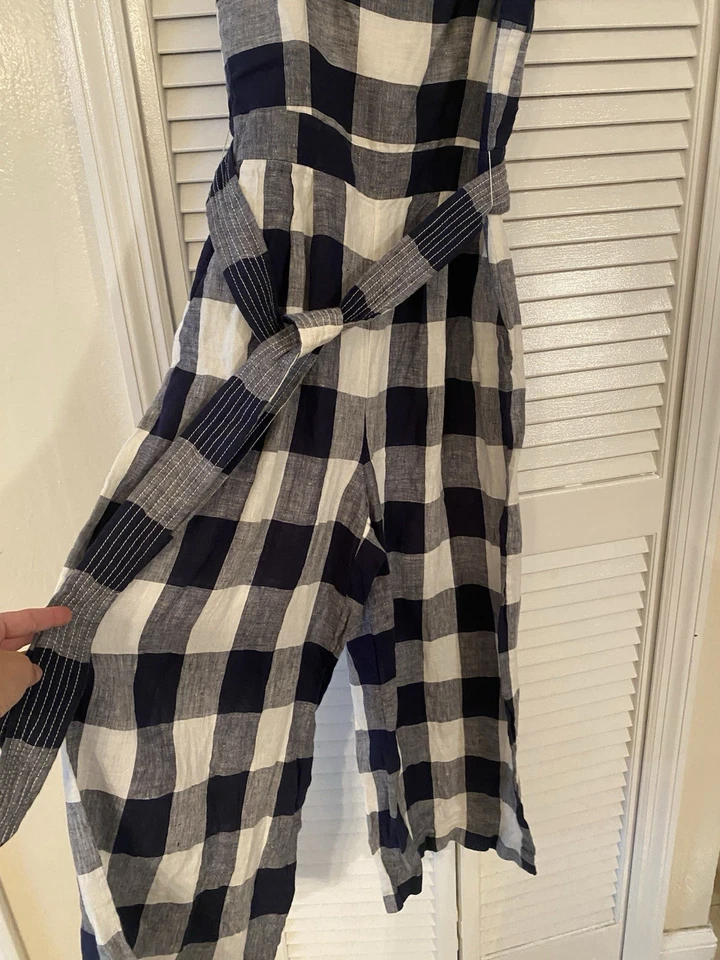 J. Mono Crew Lino Azul Blanco Pierna Ancha Talla 0 CottageCore Playa Cinturón Orgánico Foto 3 de 4