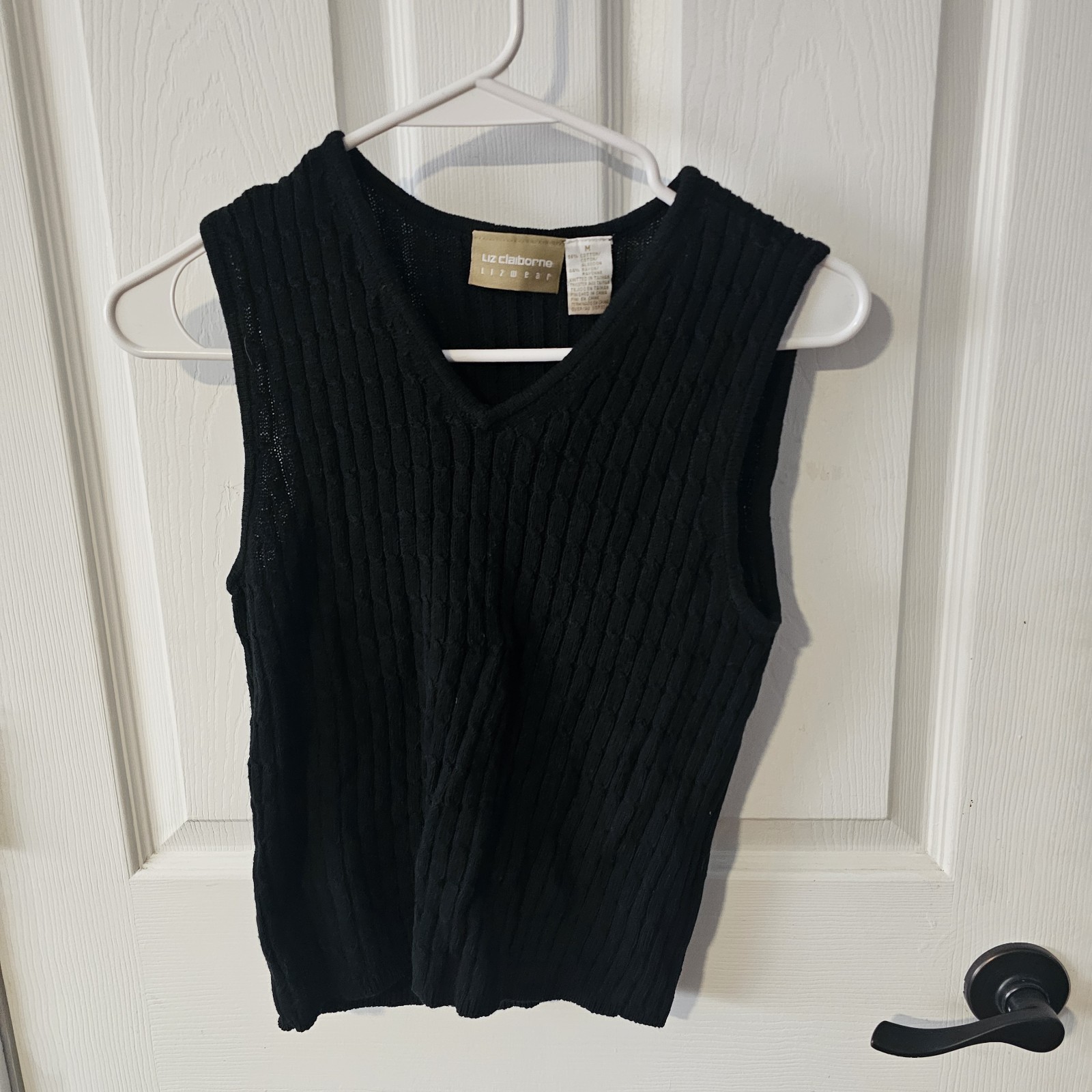 VTG 80s Women’s M Chunky Cable Knit Fisherman Sweater Vest Black Preppy Academia