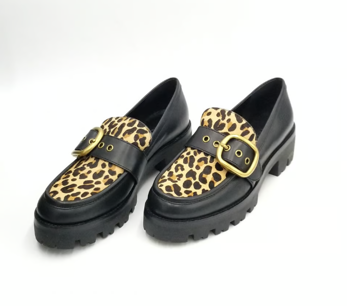 Coach G2452 Grand Loafer Calf Hair Leopard With Buckle Detail Size 