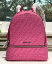 MICHAEL KORS RHEA MEDIUM ZIP BACKPACK BAG TOTE PURSE MK DRAGONFRUIT PINK MK LOGO