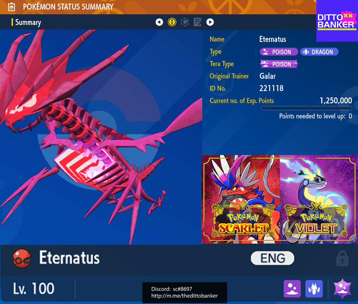 Pokémon Écarlate/Violet FR - Ethernatos Shiny 6IV Level 100 + Master Ball - Nintendo Switch - Neuf Scellé