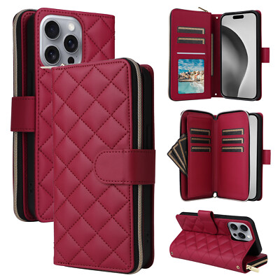 For iPhone 13 14 15 16 Pro Max Leather Magnetic Wallet Case w/Zipper Card Holder