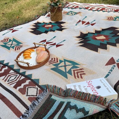 Oversized Aztec Blanket Boho Throw Fringed Southwestern Tapestry Vintage Throw - Picture 6 of 6