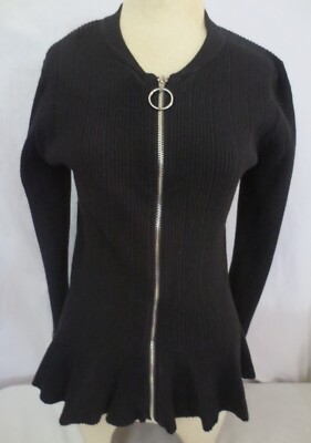 Venus Zip Front Ribbed cardigan sweater Hi/Low black Long Sleeves