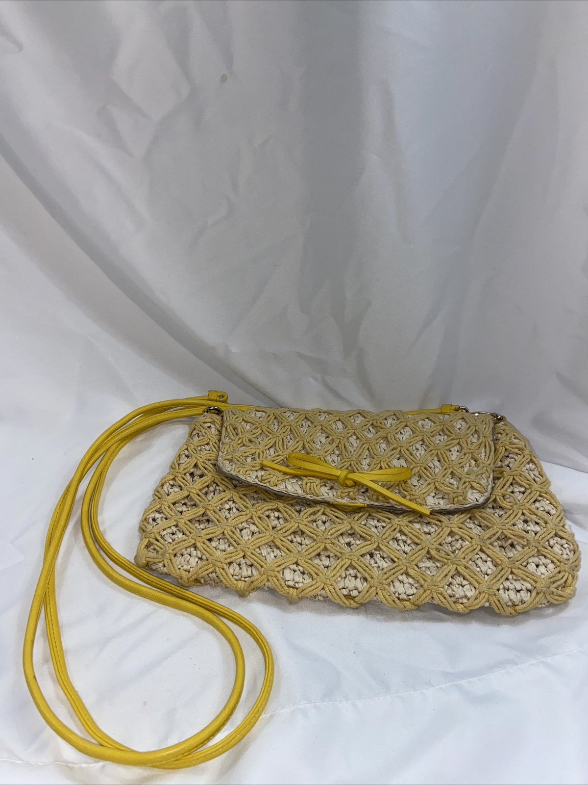 Talbots yellow wicker with macrame crossbody bag … - image 1
