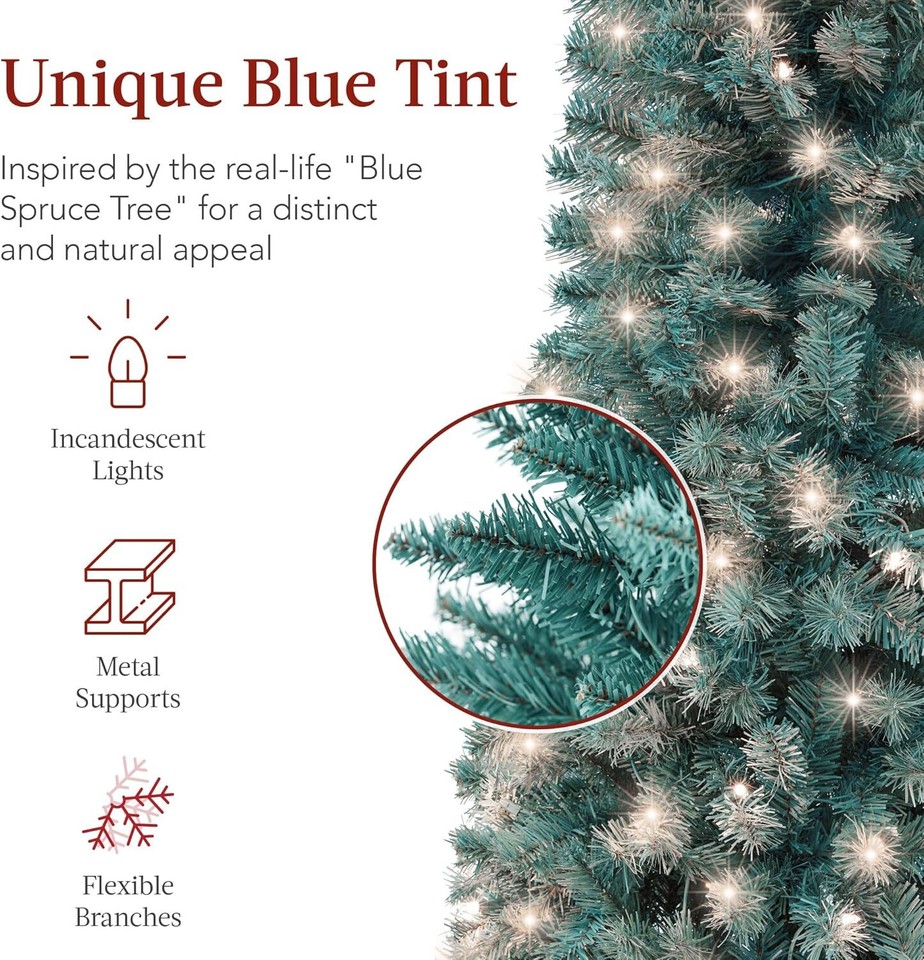 7.5ft Blue Spruce Pencil Christmas Tree, Skinny Hinged Artificial Decor