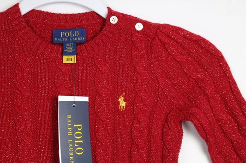 Polo Ralph Lauren Toddler Girls Cable Knit Sweater Red / Gold Pony Wool Blend - Picture 3 of 5