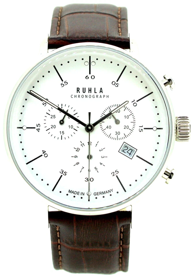 Ruhla Herrenuhr Chronograph 91203 Edelstahl Quarz Bauhaus Stil Leder braun - Bild 4 von 4