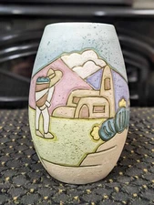 VTG R. Gonza Tonala Mexico Folk Art Pottery Vase Sleeping Man Landscape Signed