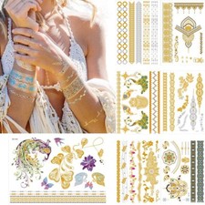 7 Large Sheets Temporary Tattoos Gold Silver Glitter Henna Boho Jewelry