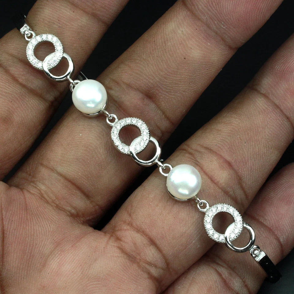 Pulsera de plata de ley 925 redonda de perlas blancas de 7 mm joyas de piedras preciosas de 7,5 pulgadas Foto 3 de 4