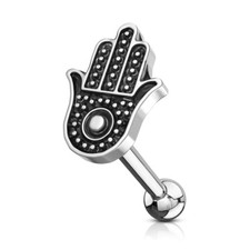Hamsa Antique Silver Plated Top 316L Surgical Steel Ear Cartilage Barbell Stud