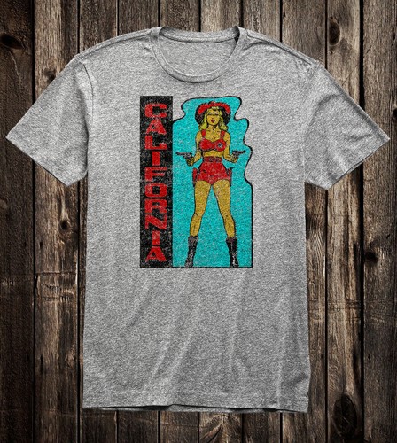 Retro Travel Tee T Shirt Vtg Cowgirl Art Tourist California State Pin Up Girl - Picture 6 of 7