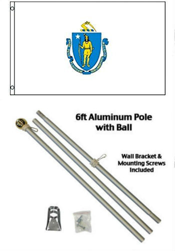 3x5 State of Massachusetts Flag Aluminum Pole Kit Gold Ball Top 3'x5' - Picture 1 of 1