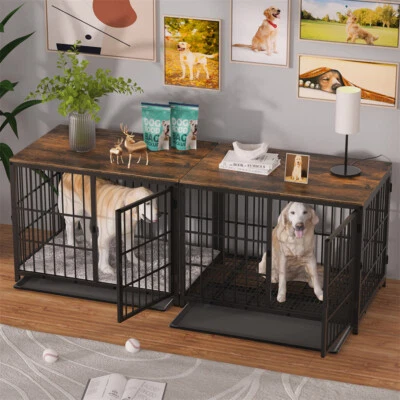 BINGOPAW Furniture Style Dog Crate End Table Wooden Metal Pet Kennel Cage Large Anti-bite