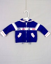 vtg 70s A Little Angel Original Full Zip Hoodie Knit Sweater Cars Baby 12 Mos.
