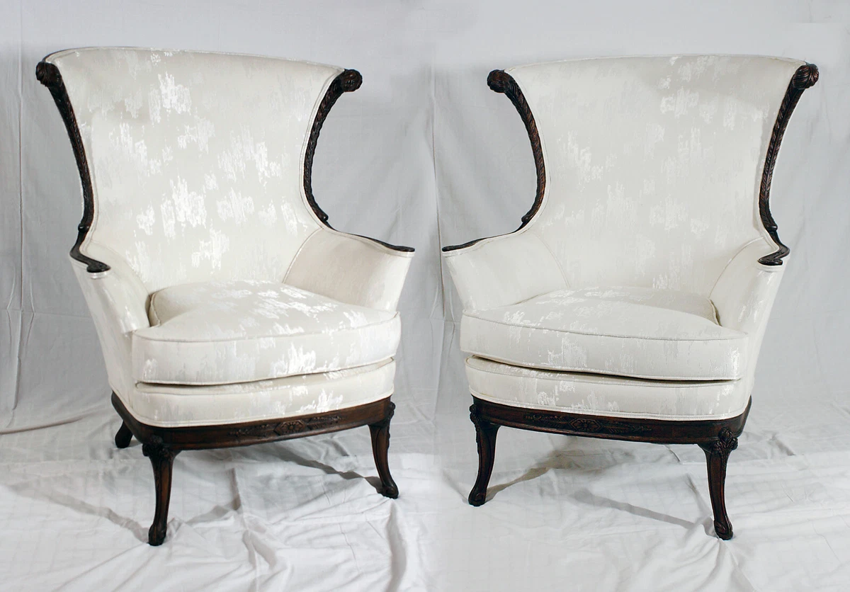 RARE VINTAGE PAIR OF REGENCY HIGHBACK DARK WOOD TRIM WHITE