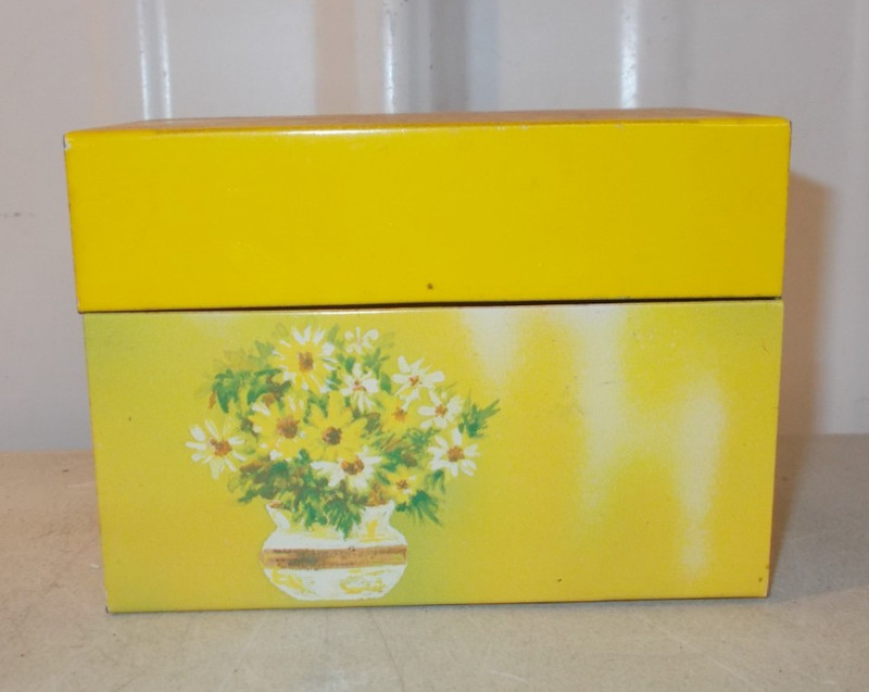 Vintage Recipe Box Tin Ohio Art Metal Yellow with Daisies