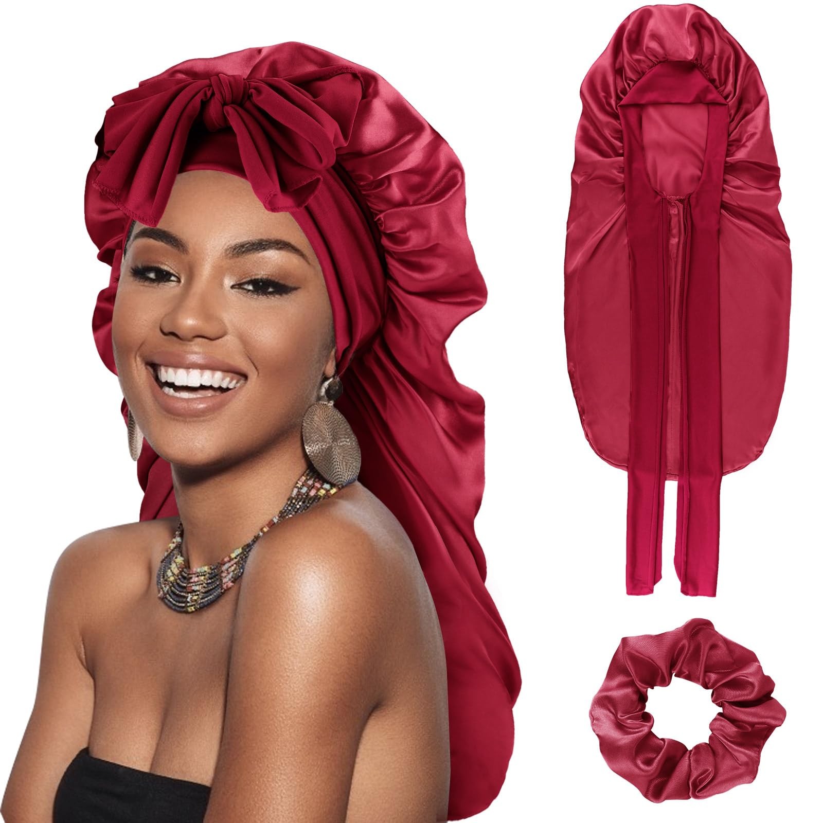 Dreshow Long Satin Braid Bonnet For Women Silk Bonnet For Sleeping Sleep Cap With Elastic Tie Band Night Cap For Long Curly Hair Locs - Image 2