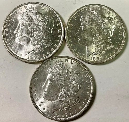 1884O 1887 & 1897 USA Morgan Silver Dollar Trio very pleasing MS or nearly so !