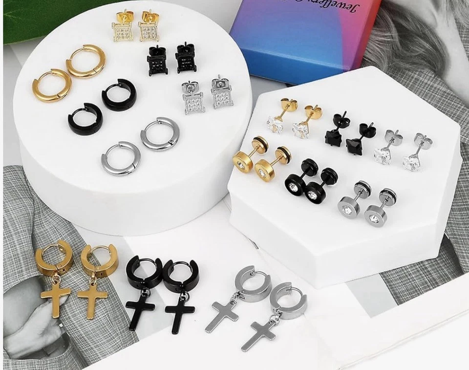 21 Pairs Stainless Steel Earrings for Men Studs Earrings Cross Dangle Hinged Ear - Image 2 of 4