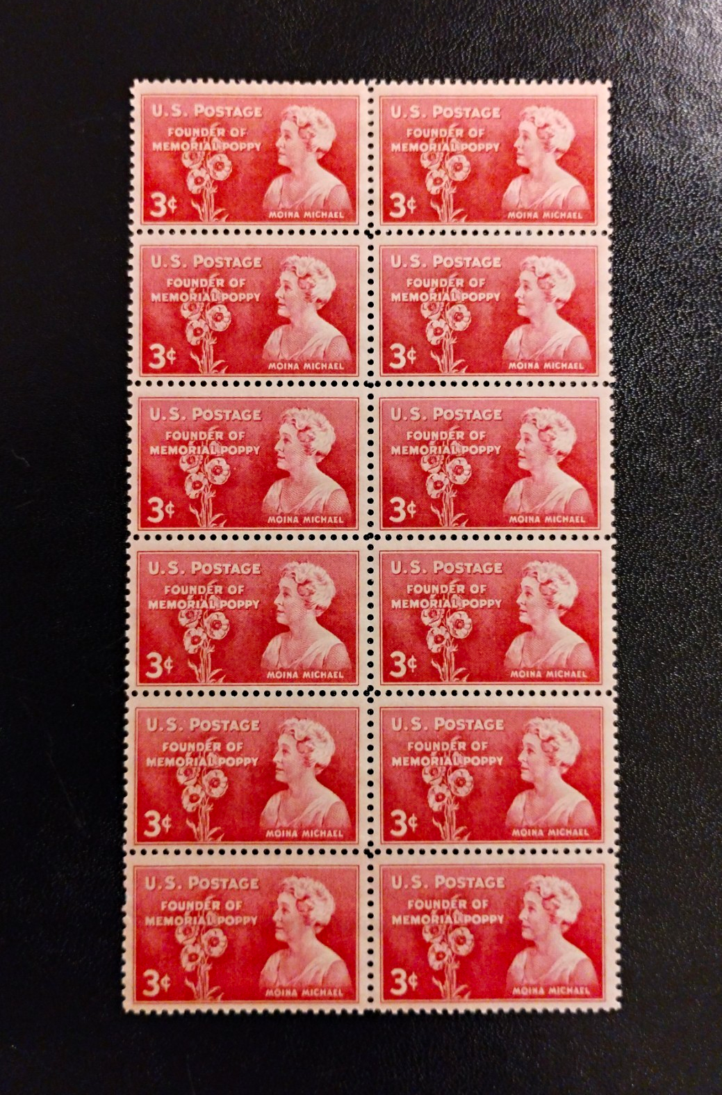 United States Moina Michael Memorial Poppy 3¢ Red Plate Block/Strip of 6 MNH