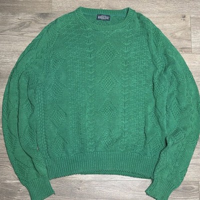 Vintage Lands End Sweater Large Green Fisherman Cable Knit Pullover USA