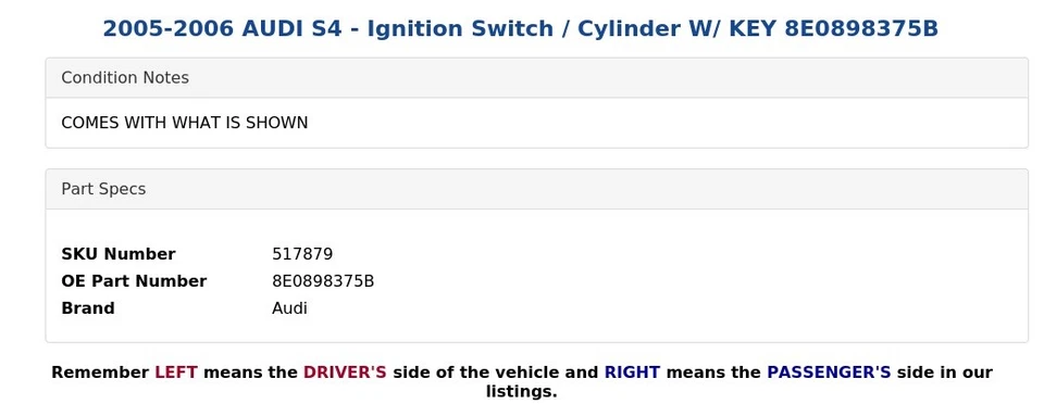 2005 - 2006 奥迪 S4 - 点火开关/气缸带钥匙 8E0898375B — 第 3/4 张图片