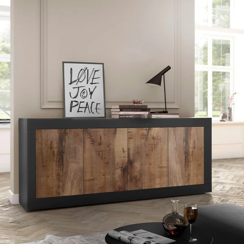 Buffet séjour noir mat et bois industriel Altea de 160cm