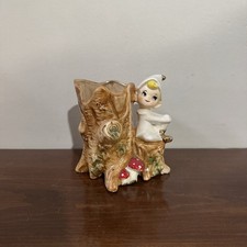 Vintage Pixie Elf On Tree Stump Ceramic Planter Japan Mushrooms Kitsch - Chipped