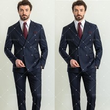 Men's Suits Dark Navy Pinstripe Double Breasted Formal Office Wear Wedding Groom