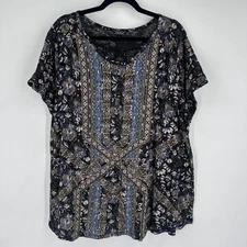 Lucky Brand Womens 3X Floral Print Button Detail Short Sleeve Top Shirt Boho