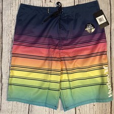 Hurley Boys' Youth Striped Logo Boardshorts Navy/Lime/Red Sz 20/30 NEW