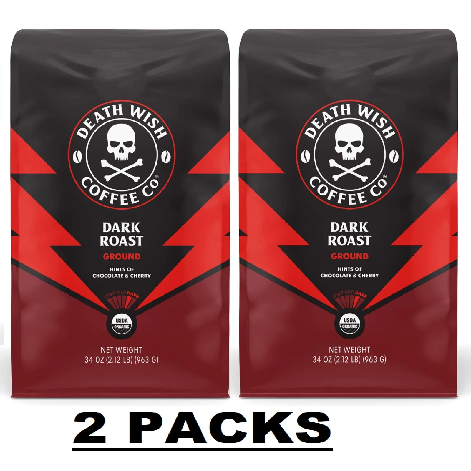 2 Packs - Death Wish Organic Dark Roast Ground Coffee, 34 oz. (68 oz total)