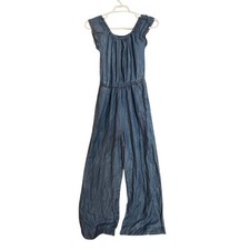 MAX JEANS Distressed Denim Jumpsuit Wide Leg Elastic Waist Drawstring M