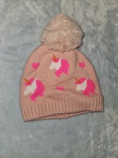 Girls Pink Unicorn Knit Beanie Hat with Pom Pom and Heart Design