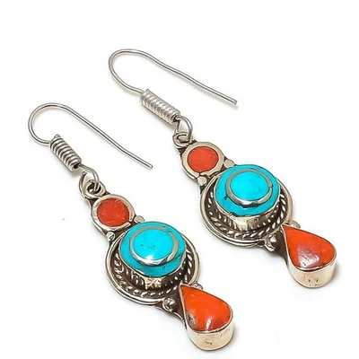Boucles d'oreilles pierres précieuses corail rouge turquoise bijoux... - Photo 1/4