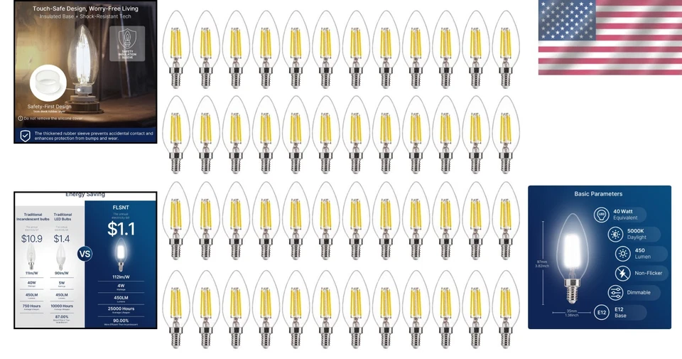 48 Pack Dimmable LED Candelabra Bulbs, 5000K Daylight - Image 2 of 4