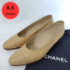 CHANEL Beige Leather Pumps 36.5 Diamond Quilted Cap Toe Low Heel Shoes