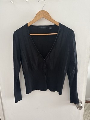 Context Silk Black Ribbed Cardigan Size M