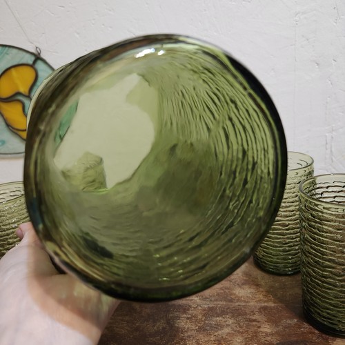 Vintage SORENO Avocado Green Glass 8" Pitcher With 4 Glasses 5" Anchor Hocking - Picture 13 of 15