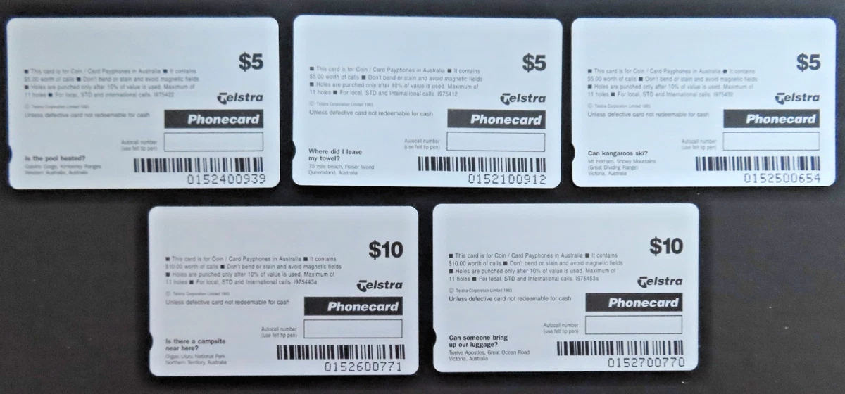 Telstra MINT EUROPA SET OF 5 PHONECARDS - 3 x $5, 2 x $10. AND NOW SCARCE.