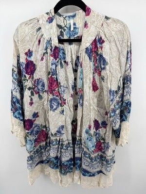 Floral Lace Trim Kimono Cardigan One Size- Boho Boutique