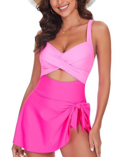 One Piece Swimsuit Women Tummy Control Swim Dress Sexy Criss Cross Tie Back B...