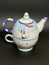 Vintage Stacking Holiday 3Pcs Teapot Set Snowman Christmas 1990’s