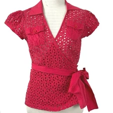 Moda International Women Eyelet Short Sleeve Wrap Top Pink Red Size XS/Small