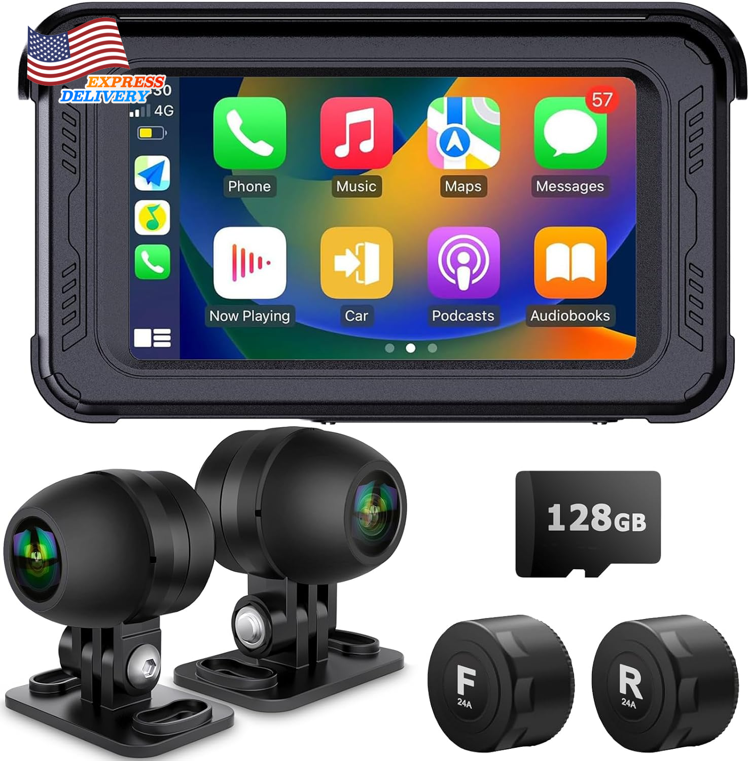 Motorcycle Dash Cam with Wireless Carplay & Android Auto 5'' IPS Touch Screen US