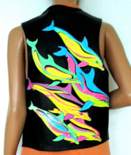 VTG black leather unisex vest w/ stunning applique  interior pockets, size S/M