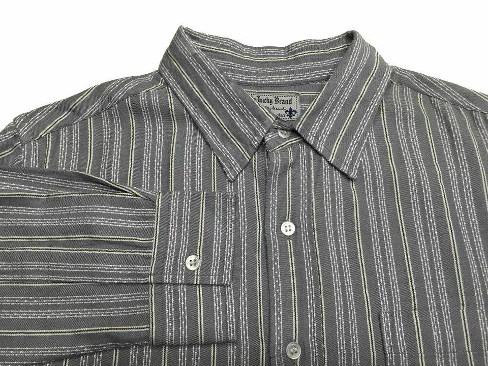 Camisa con botones Lucky Brand M gris verde blanco a rayas informal para hombre Foto 3 de 4