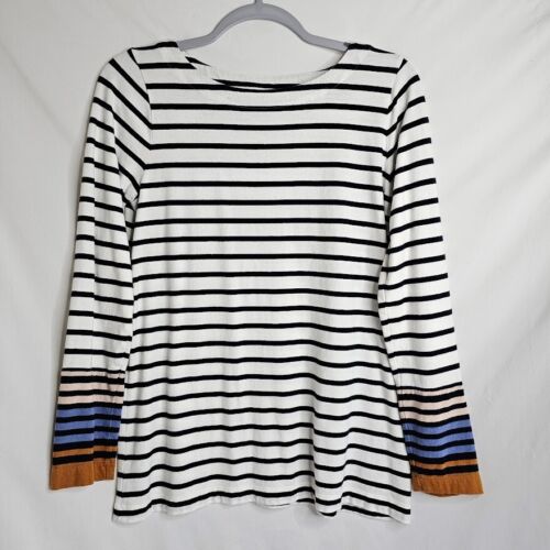 J JILL Pullover Long Sleeve Top Shirt WHITE w BLACK BROWN BLUE Stripes size S - Picture 2 of 5